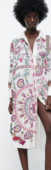 ZARA long sleeves button down embroidered long shirt dress Med  NEW - Picture 8 of 13